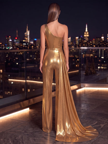 Robe de soirée grande taille (combinaison), asymétrique, sans manches, tissu métallisé, longueur au sol, avec fleur en 3D
