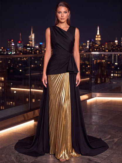 Robe de soirée coupe trapèze/princesse, col en V, sans manches, satin métallisé, longueur au sol, avec plis