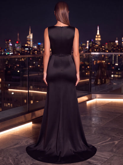 Robe de soirée coupe trapèze/princesse, col en V, sans manches, satin métallisé, longueur au sol, avec plis