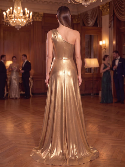 Robe de soirée coupe trapèze/princesse, asymétrique, sans manches, tissu métallisé, longueur au sol, avec nœud