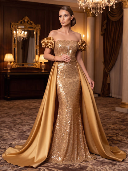 Robe de soirée coupe trapèze/princesse, épaules dénudées, sans manches, satin, longueur au sol, avec drapés
