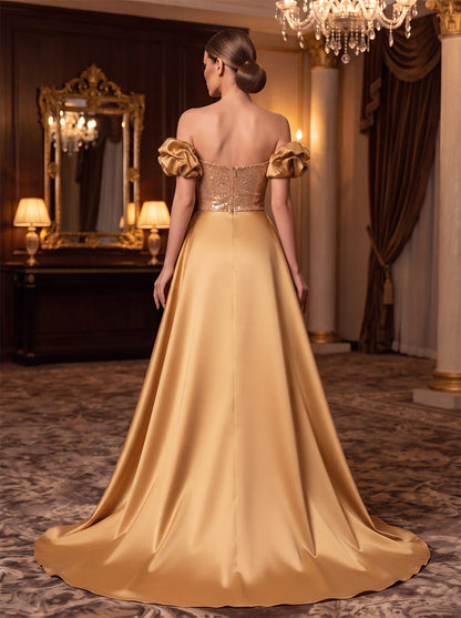 Robe de soirée coupe trapèze/princesse, épaules dénudées, sans manches, satin, longueur au sol, avec drapés