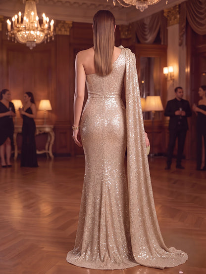 Robe de soirée coupe fourreau/droite, asymétrique, sans manches, sequins, longueur au sol, avec fleur en 3D