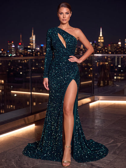 Robe de soirée longue en sequins, coupe sirène, asymétrique (une épaule), manches longues et découpes