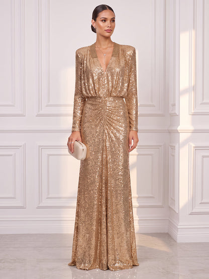 Robe de soirée longue en sequins, coupe droite, col en V, manches longues et détails plissés