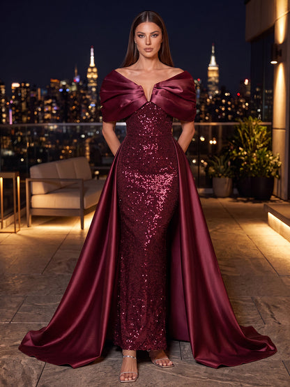 Robe de soirée longue en satin, coupe trapèze/princesse, épaules dénudées, sans manches, avec sequins et détails plissés