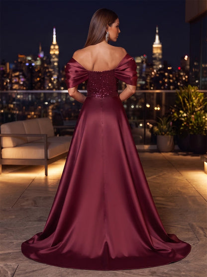 Robe de soirée longue en satin, coupe trapèze/princesse, épaules dénudées, sans manches, avec sequins et détails plissés