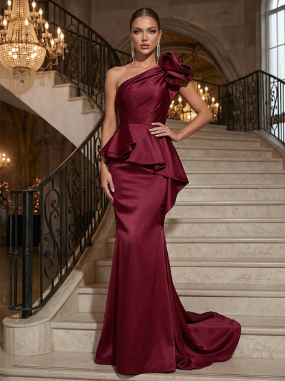 Trompette / sirène Asymétrique à une épaule Sans manches Satin Longueur au sol Robes de soirée avec Volants