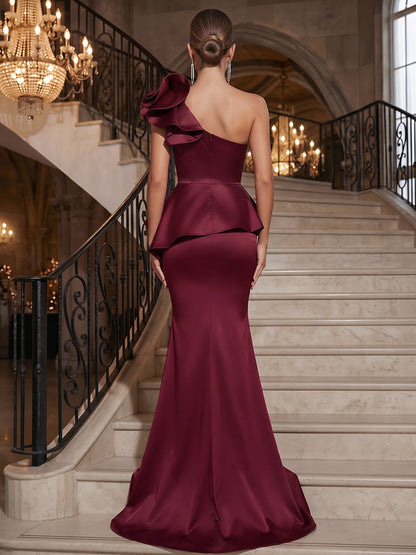 Trompette / sirène Asymétrique à une épaule Sans manches Satin Longueur au sol Robes de soirée avec Volants