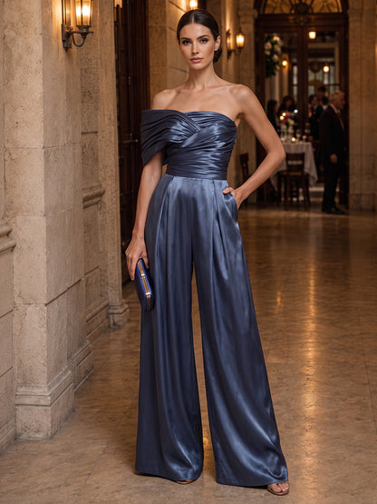 Combinaisons Asymétrique à une épaule Sans manches Satin de soie Longueur au sol Robes de soirée avec Plis