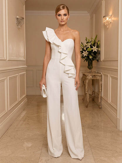 Combinaisons Asymétrique à une épaule Sans manches Satin Longueur au sol Robes de soirée avec Volants