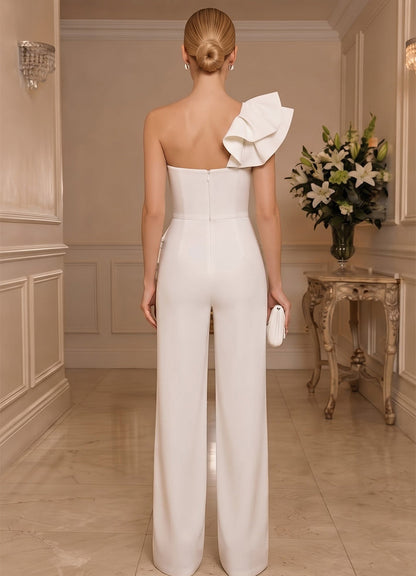 Combinaisons Asymétrique à une épaule Sans manches Satin Longueur au sol Robes de soirée avec Volants
