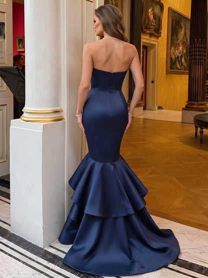 Trompette / sirène Bustier Sans manches Satin Longueur au sol Robes de soirée avec Volants