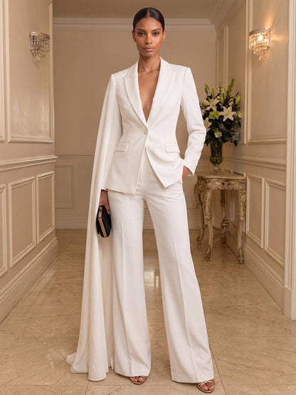 Combinaisons Col chemise Manches longues Satin Longueur au sol Robes de soirée avec Cape
