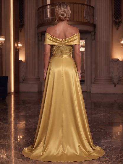 Trapèze / princesse Épaules dénudées Sans manches Satin Longueur au sol Robes de soirée avec Sequins et Ceinture