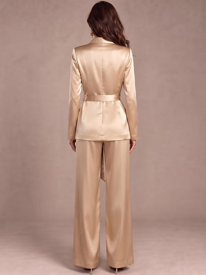 Combinaisons Col en V Manches longues Satin de soie Longueur au sol Robe de cocktail avec Ceinture