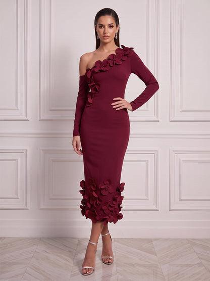 Fourreau / colonne Asymétrique à une épaule Manches longues Satin Longueur midi Robe de cocktail avec Fleur 3D