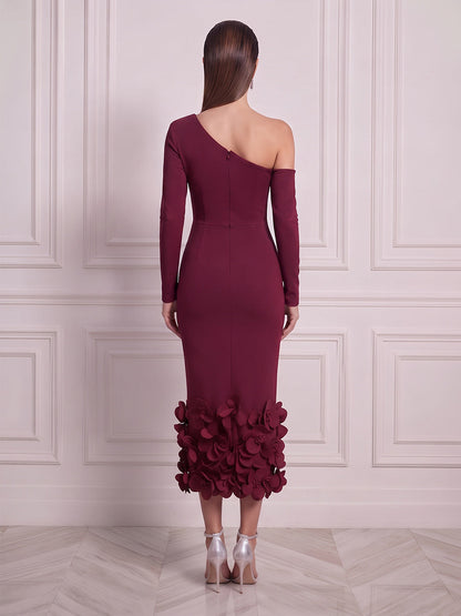 Fourreau / colonne Asymétrique à une épaule Manches longues Satin Longueur midi Robe de cocktail avec Fleur 3D