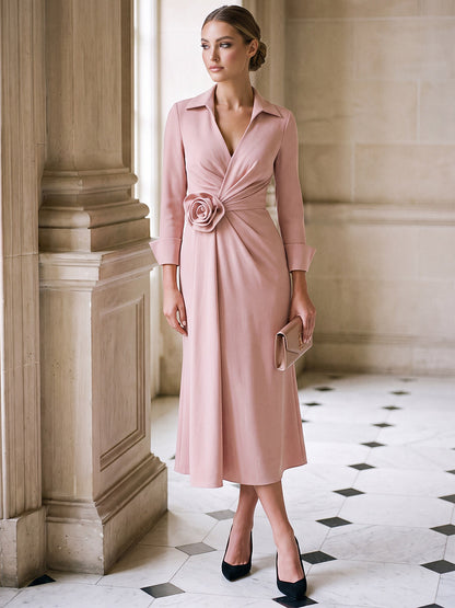 Trapèze / princesse Col chemise Manches longues Satin Longueur midi Robe de cocktail avec Fleur 3D