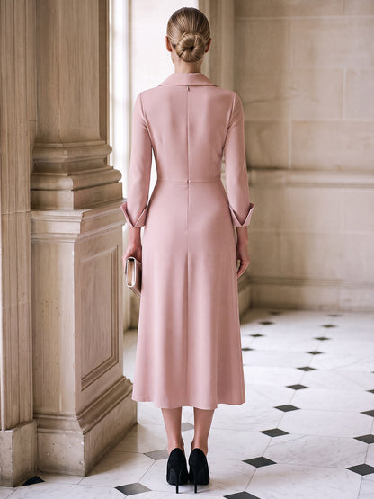Trapèze / princesse Col chemise Manches longues Satin Longueur midi Robe de cocktail avec Fleur 3D
