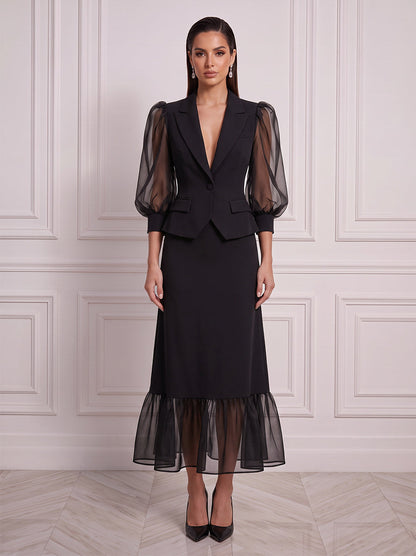 Trapèze / princesse Col chemise Manches 3/4 Satin Tulle Longueur midi Robe de cocktail avec Froncé