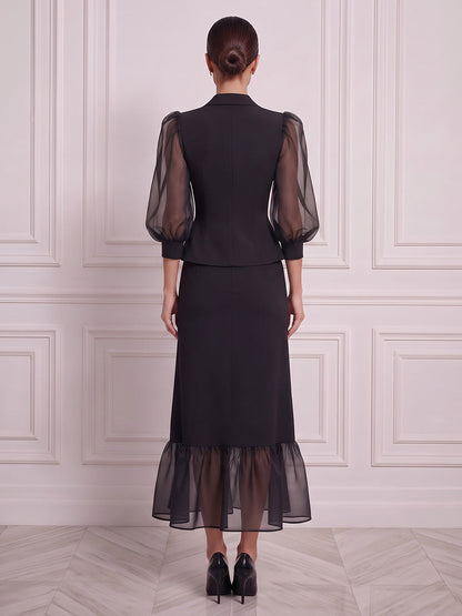 Trapèze / princesse Col chemise Manches 3/4 Satin Tulle Longueur midi Robe de cocktail avec Froncé