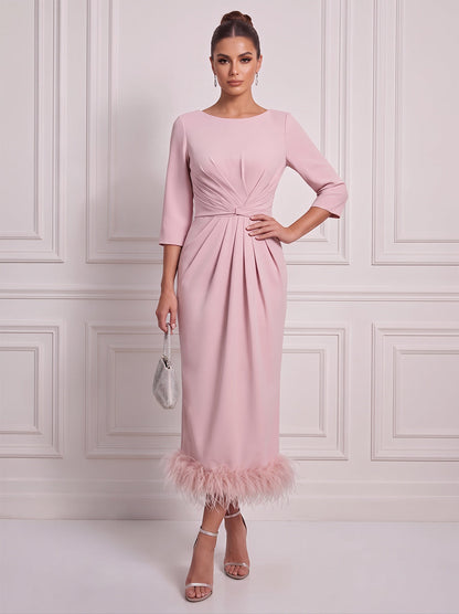 Fourreau / colonne Encolure arrondie Manches 3/4 Satin Longueur midi Robe de cocktail avec Plumes