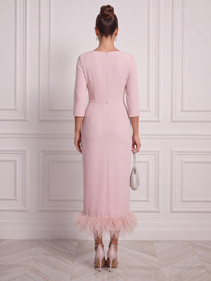 Fourreau / colonne Encolure arrondie Manches 3/4 Satin Longueur midi Robe de cocktail avec Plumes