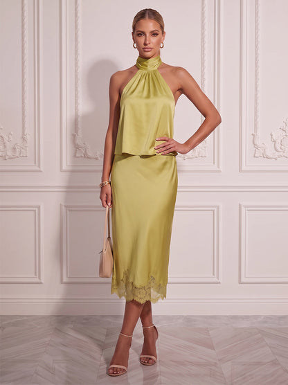 Fourreau / colonne Dos nu Sans manches Satin de soie Longueur midi Robe de cocktail avec Dentelle