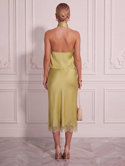 Fourreau / colonne Dos nu Sans manches Satin de soie Longueur midi Robe de cocktail avec Dentelle