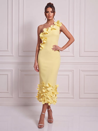 Fourreau / colonne Asymétrique à une épaule Sans manches Satin Longueur midi Robe de cocktail avec Fleur 3D