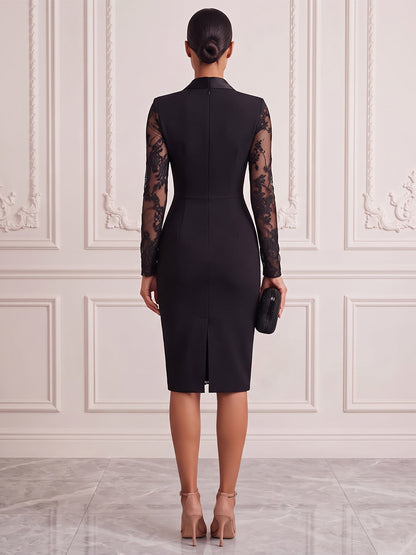 Fourreau / colonne Col chemise Manches longues Satin Dentelle Longueur genou Robe de cocktail avec Dentelle