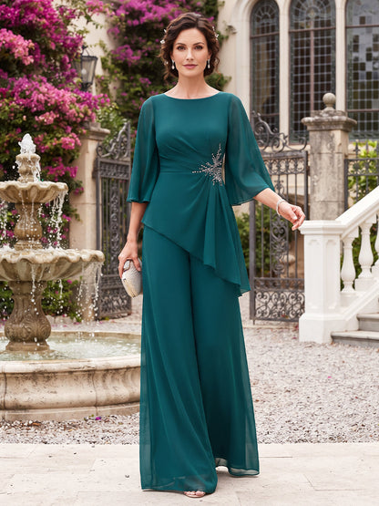 Ensemble pantalon 2 pièces pour mère de la mariée en mousseline, longueur sol, encolure arrondie, manches 3/4 et appliques