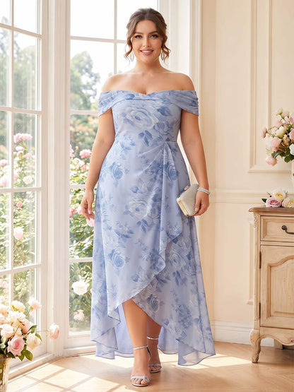 Robe de Mère de la Mariée Grande Taille Coupe A-Line/Princesse Asymétrique, Épaules Dénudées, Sans Manches avec Volants & Fleurs