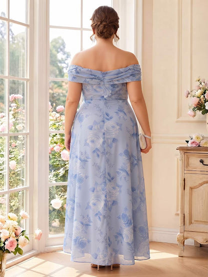 Robe de Mère de la Mariée Grande Taille Coupe A-Line/Princesse Asymétrique, Épaules Dénudées, Sans Manches avec Volants & Fleurs
