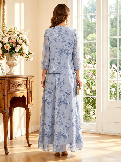 Ligne A/Princesse Scoop 3/4 Manches Longueur du sol Robes Mère de la Mariée avec Veste & Ruchée