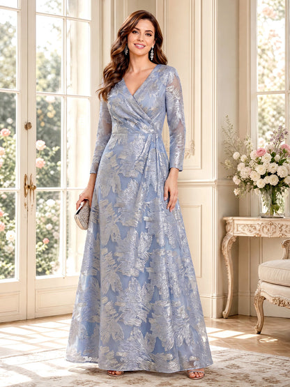 Ligne A/Princesse Col en V Manches Longues Longueur du sol Robes Mère de la Mariée avec Ruchée