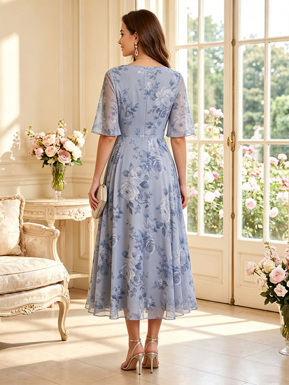 Ligne A/Princesse Col Bénitier Demi-manches Longueur Thé Robes Mère de la Mariée avec Plis