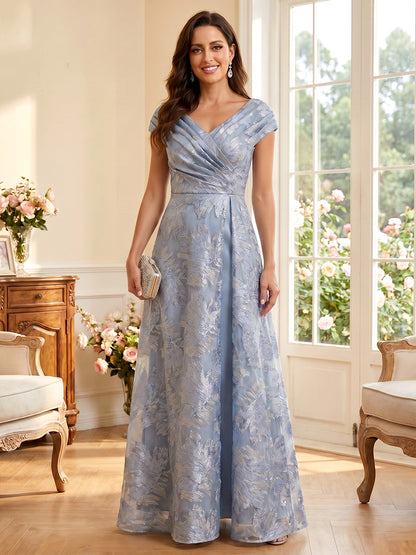 Robes Mère de la Mariée Ligne A/Princesse à Col en V, Manches Courtes, Longueur Sol avec Ruchés