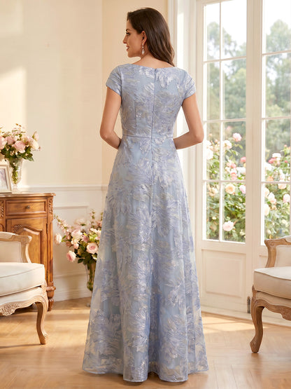 Robes Mère de la Mariée Ligne A/Princesse à Col en V, Manches Courtes, Longueur Sol avec Ruchés