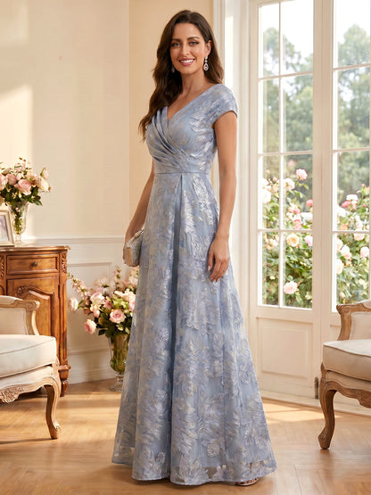 Robes Mère de la Mariée Ligne A/Princesse à Col en V, Manches Courtes, Longueur Sol avec Ruchés