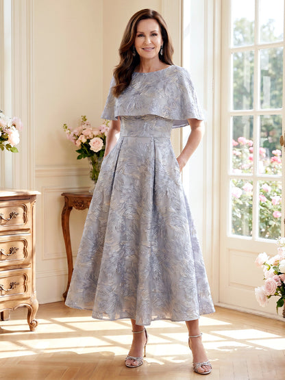 Ligne A/Princesse Scoop Demi-manches Longueur Thé Robes Mère de la Mariée avec Ruchée