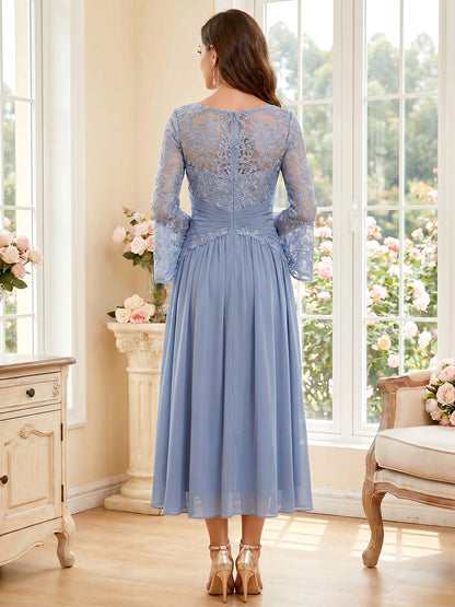 Ligne A/Princesse Scoop Manches Longues Longueur Thé Robes Mère de la Mariée avec Appliqué & Ruchée