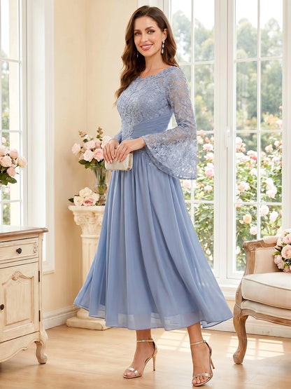 Ligne A/Princesse Scoop Manches Longues Longueur Thé Robes Mère de la Mariée avec Appliqué & Ruchée