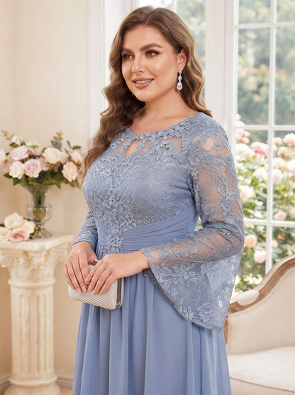 Robe de Mère de la Mariée Grande Taille Coupe A-Line/Princesse à Col Rond, Manches Longues, Longueur Thé avec Appliques & Ruchés