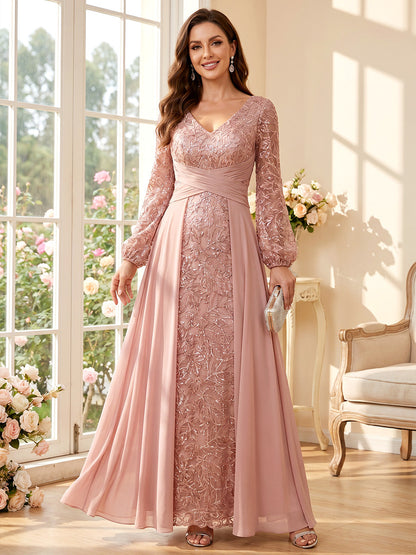 Ligne A/Princesse Col en V Manches Longues Longueur du sol Robes Mère de la Mariée avec Ruchée