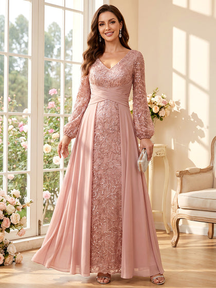 Ligne A/Princesse Col en V Manches Longues Longueur du sol Robes Mère de la Mariée avec Ruchée