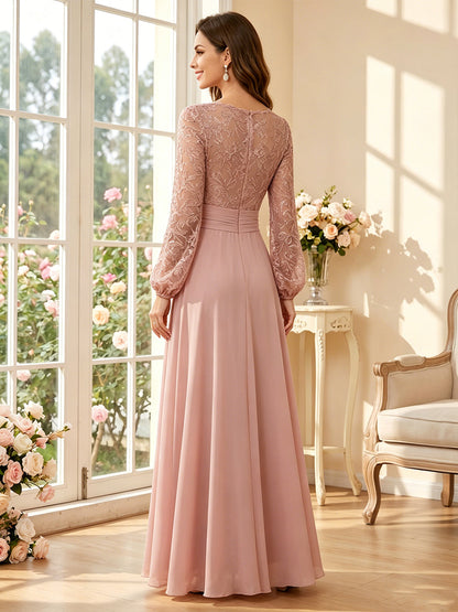 Ligne A/Princesse Col en V Manches Longues Longueur du sol Robes Mère de la Mariée avec Ruchée