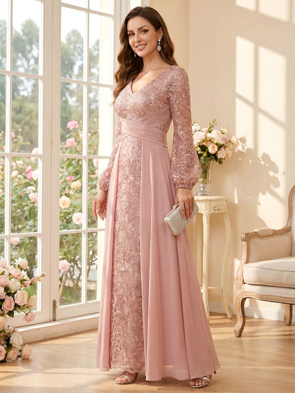 Ligne A/Princesse Col en V Manches Longues Longueur du sol Robes Mère de la Mariée avec Ruchée