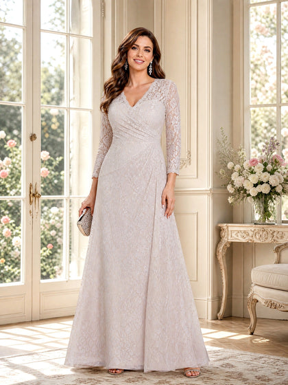 Robes Mère de la Mariée Ligne A/Princesse à Col en V, Manches Longues, Longueur Sol avec Ruchés & Dentelle